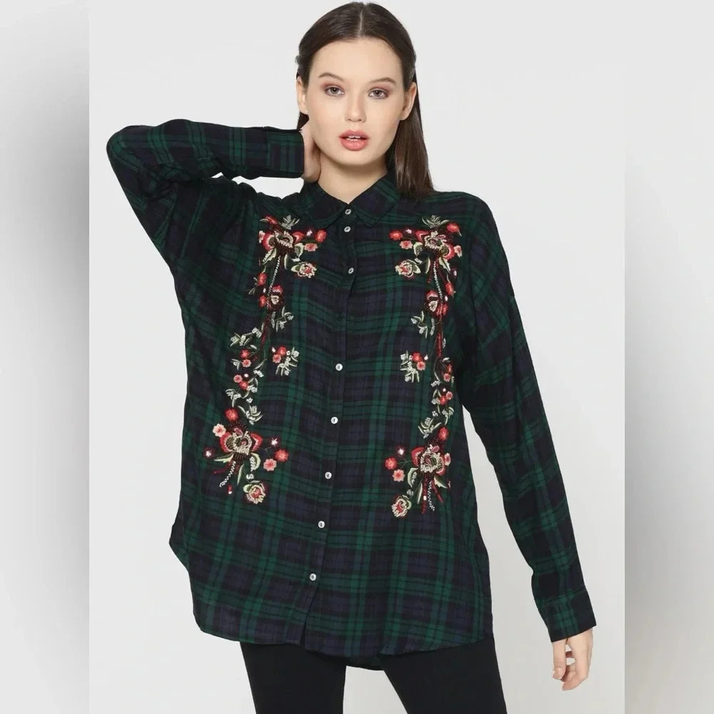 Zara Plaid Embroidered Blue Green Button Down Shirt Floral Beaded Tunic XS